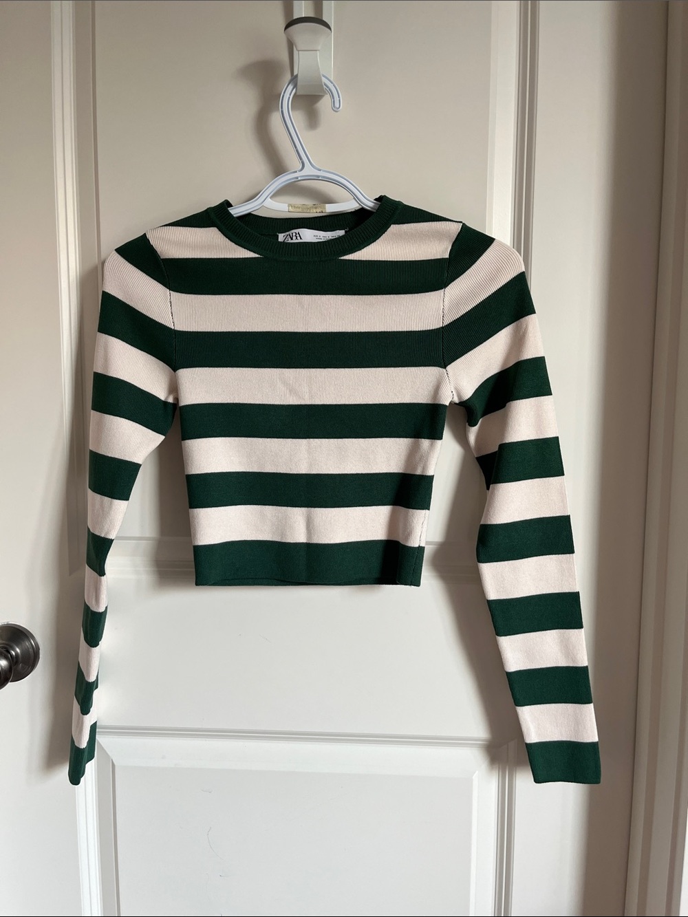 Zara Dark Green and Cream Striped Long-Sleeve Crop Sweater
